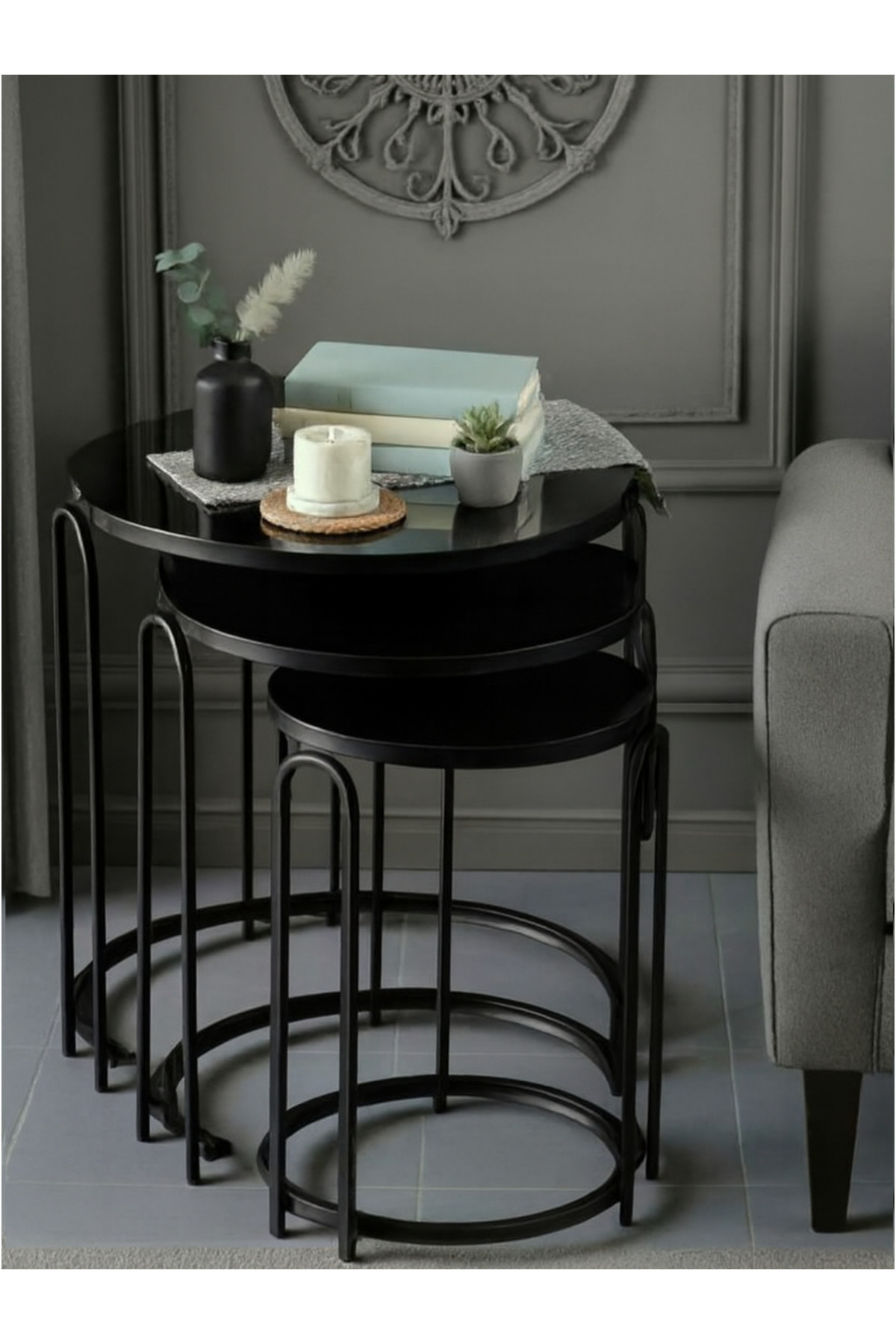 3' LÜ SİYAH AYNALI TEMPERLİ CAM SİYAH (STATİK) AYAK LENKA METAL SEHPA TAKIMI sedaş-zigon-sehpa