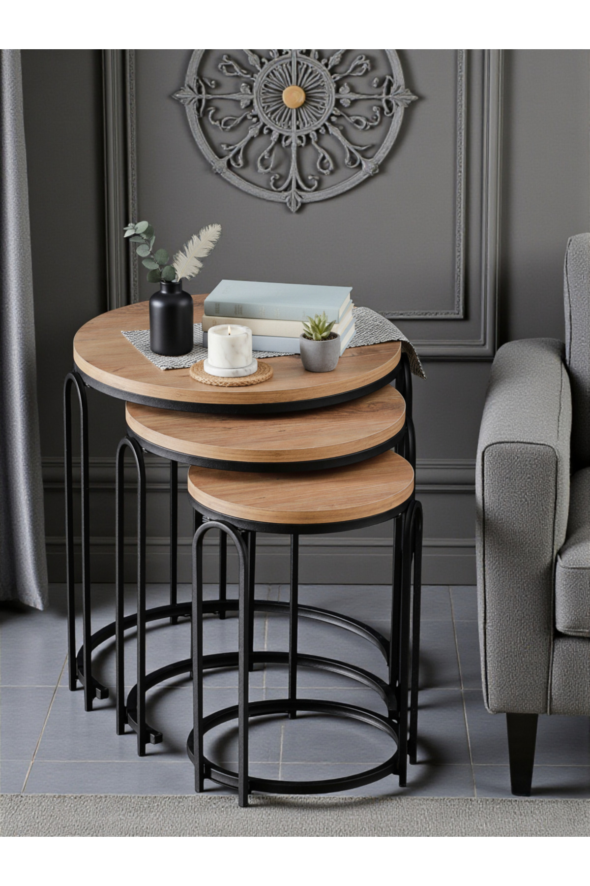 3' LÜ AÇIK CEVİZ AHŞAP SİYAH (STATİK) AYAK LENKA METAL SEHPA TAKIMI sedaş-zigon-sehpa