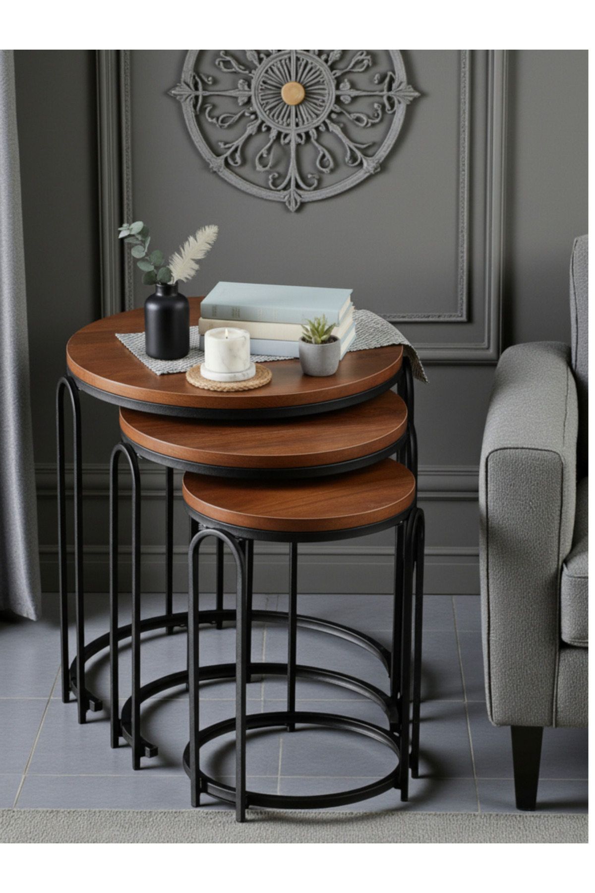 3' LÜ KOYU CEVİZ AHŞAP SİYAH (STATİK) AYAK LENKA METAL SEHPA TAKIMI sedaş-zigon-sehpa