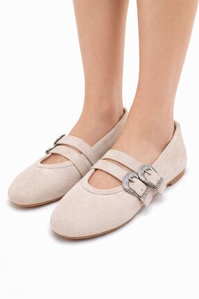 RoseVeno Kadın Ten Süet Tokalı Günlük Babet Ayakkabı