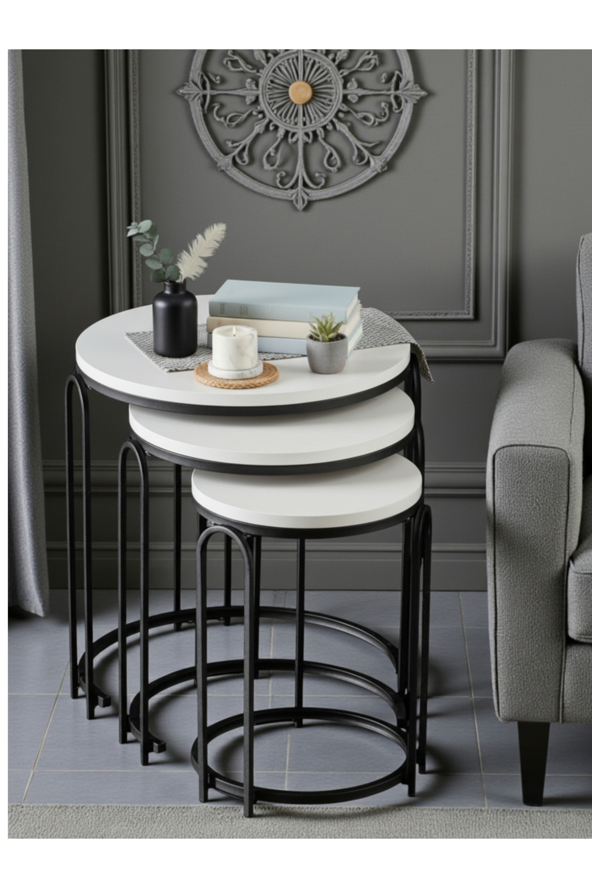 3' LÜ BEYAZ SUNTALAM SİYAH AYAK LENKA METAL SEHPA TAKIMI sedaş-zigon-sehpa