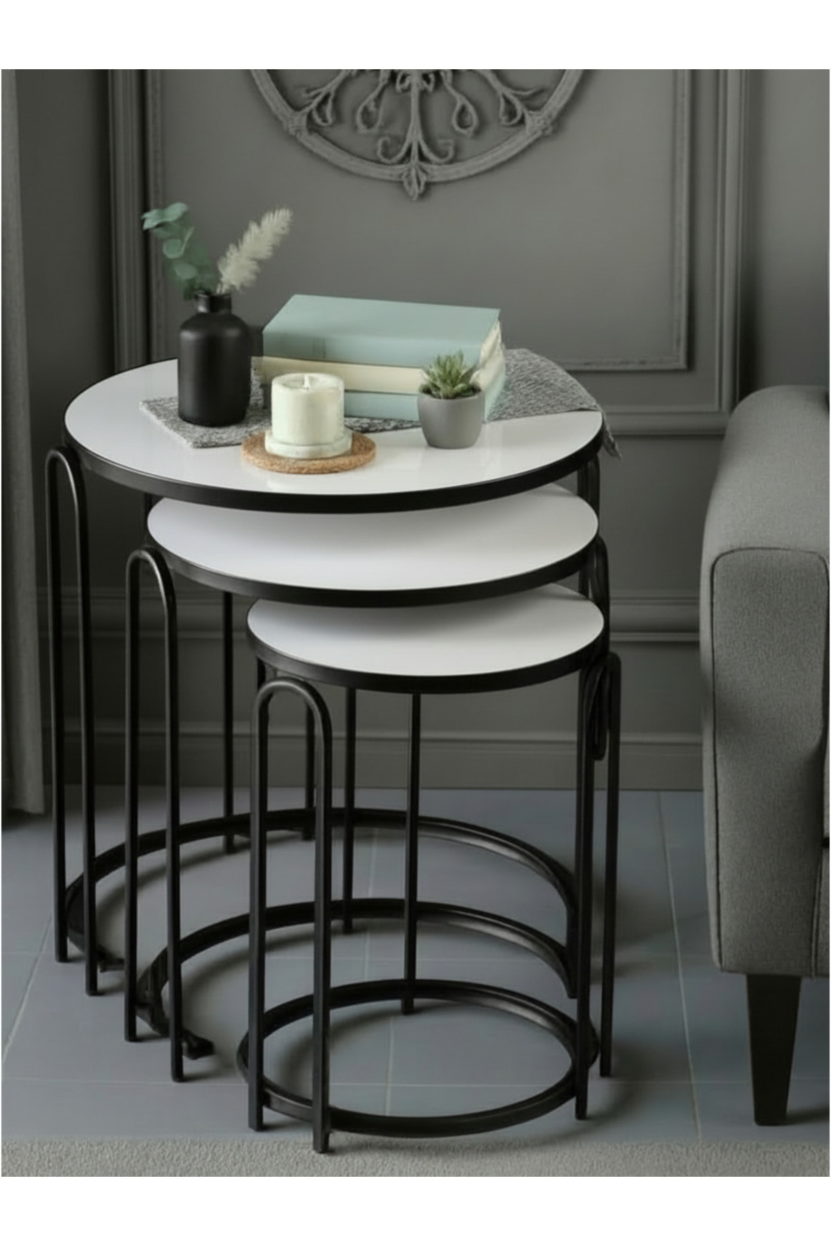 3' LÜ BEYAZ TEMPERLİ CAM SİYAH AYAK LENKA METAL SEHPA TAKIMI sedaş-zigon-sehpa