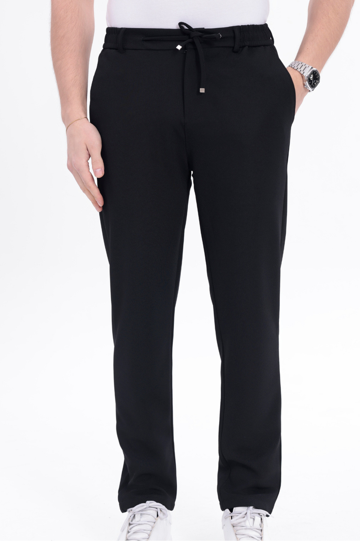 T SteepRockt  Erkek Siyah Jogger Pantolon Beli Bağlamalı Ve Kemerli Arka Cepli Regular Kalıp Rahat Kesim - Görsel 5