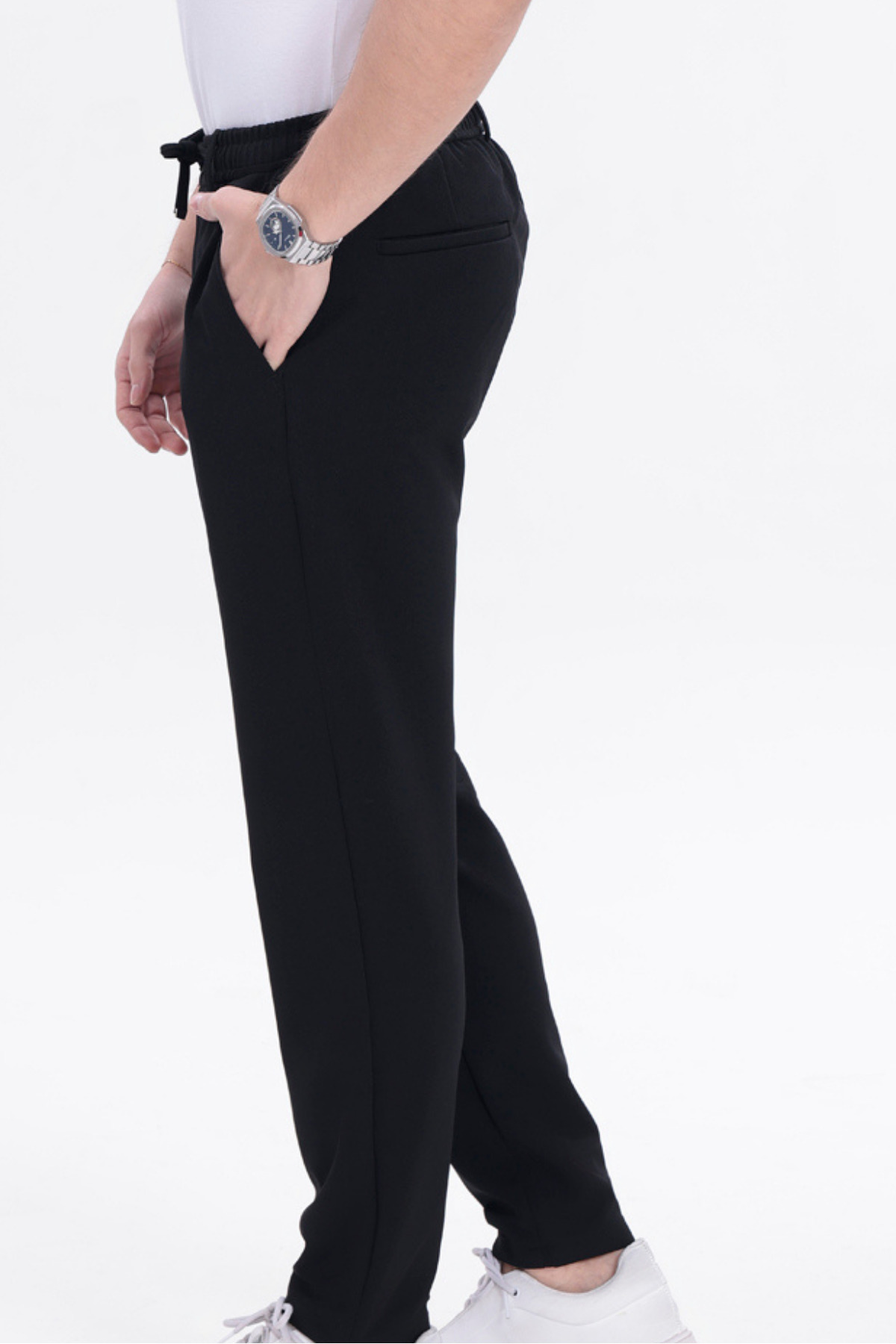 T SteepRockt  Erkek Siyah Jogger Pantolon Beli Bağlamalı Ve Kemerli Arka Cepli Regular Kalıp Rahat Kesim - Görsel 9