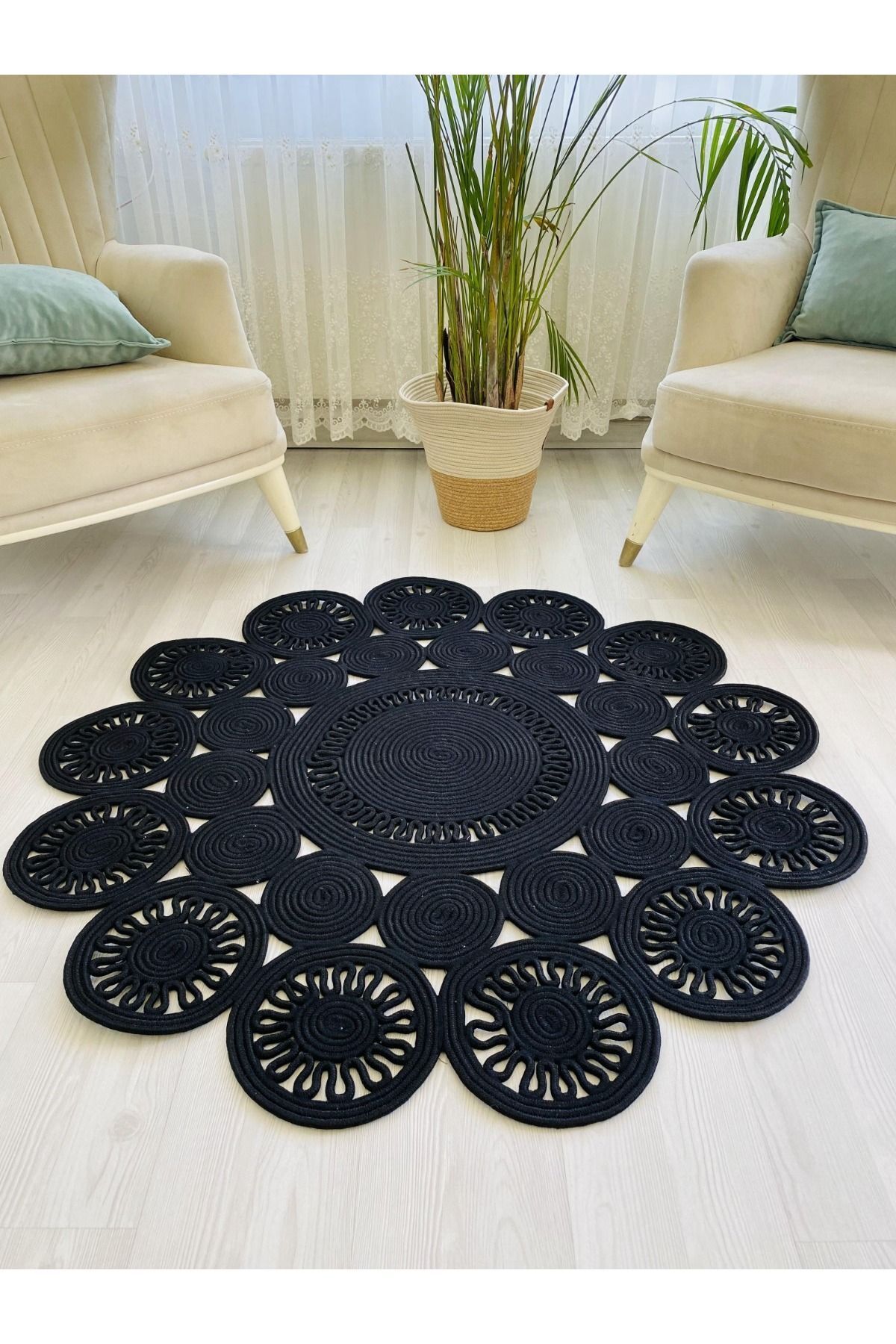 jute Wicker Look Patterned Modern Handmade Circle Carpet Rug