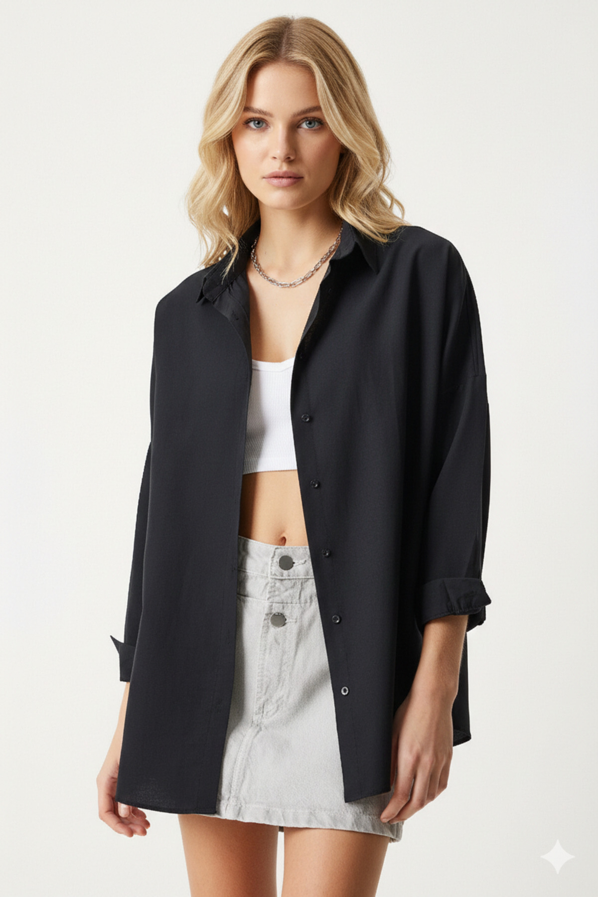 hazelin Kadın Siyah Oversize Uzun Basic Gömlek HZL22W-BD139001 görsel 3