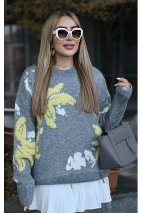 YoKii Çiçek desenli süzeneli kazak gri