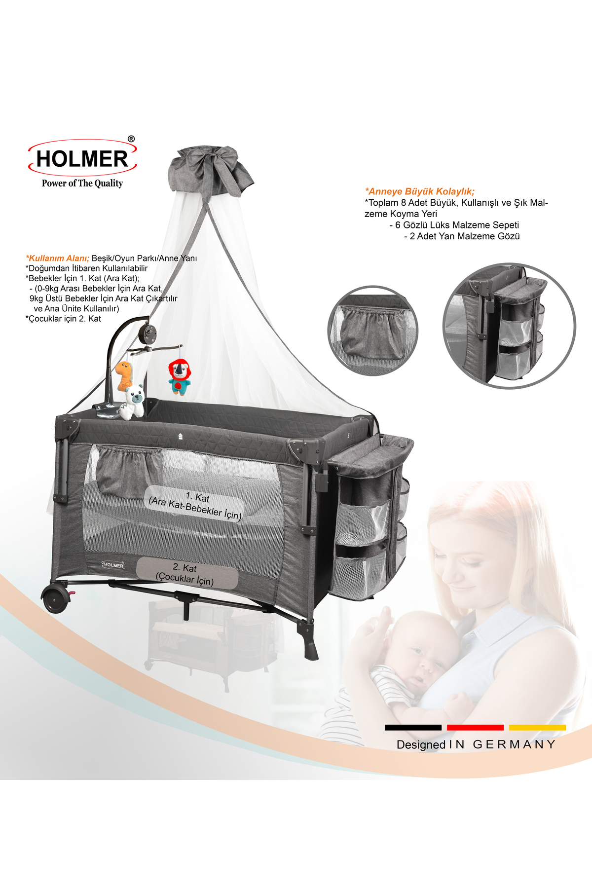 Holmer Coolstyle Premium Cibinlikli Dönenceli Anne Yanı Oyun Parkı Beşik 70x110cm Koyu Gri fotoğrafı 4 (önizleme)