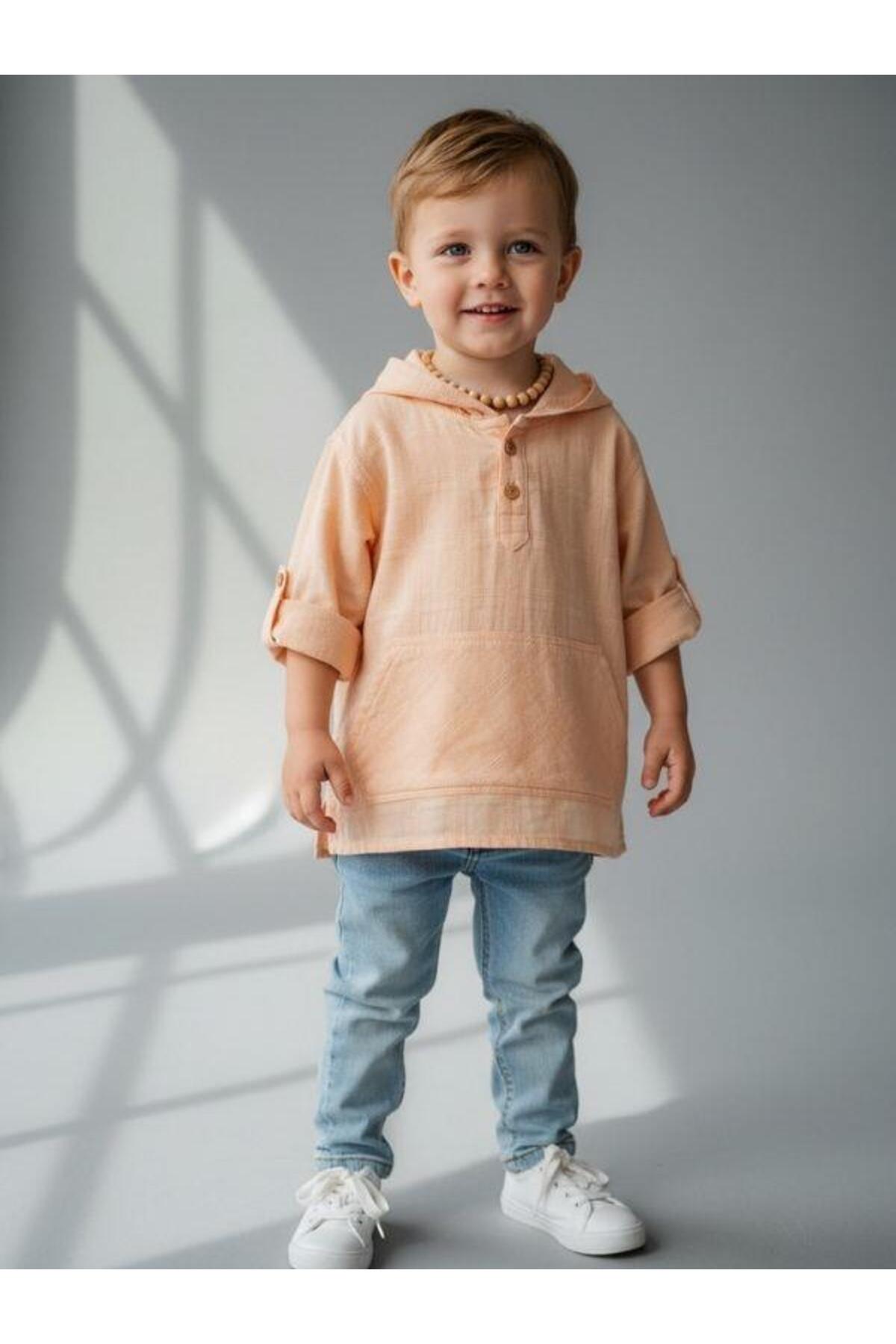 Jack Lions Erkek Bebek Kapüşonlu Kanguru Cepli Keten Gömlek fotoğrafı 3 (önizleme)