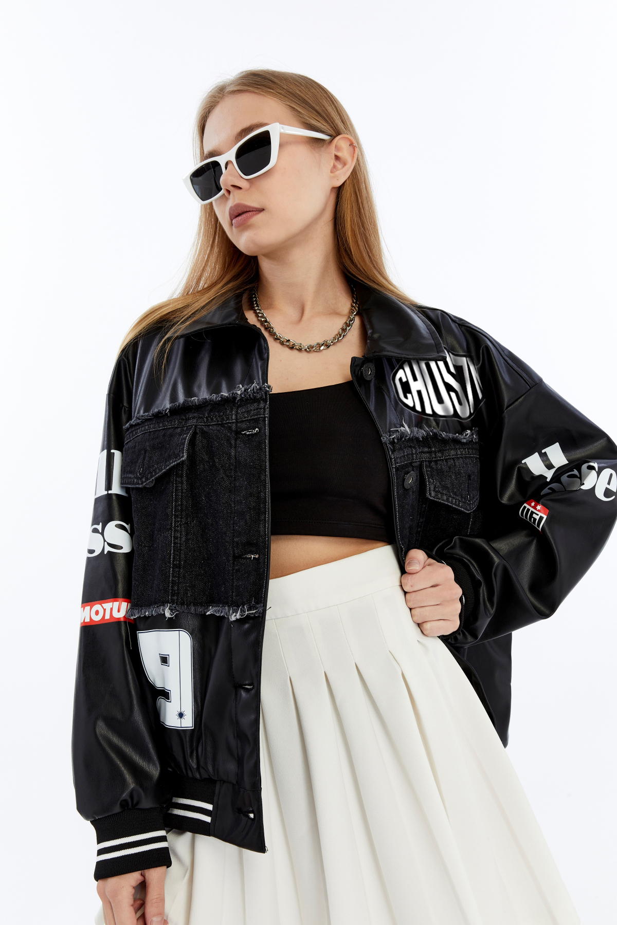 CHOS7N  Kadın Oversize Deri Ve Kot Birleşimi Baskılı Kolej Mont Ribanalı Bomber Ceket Motorcu Yarışçı Mont - Görsel 4