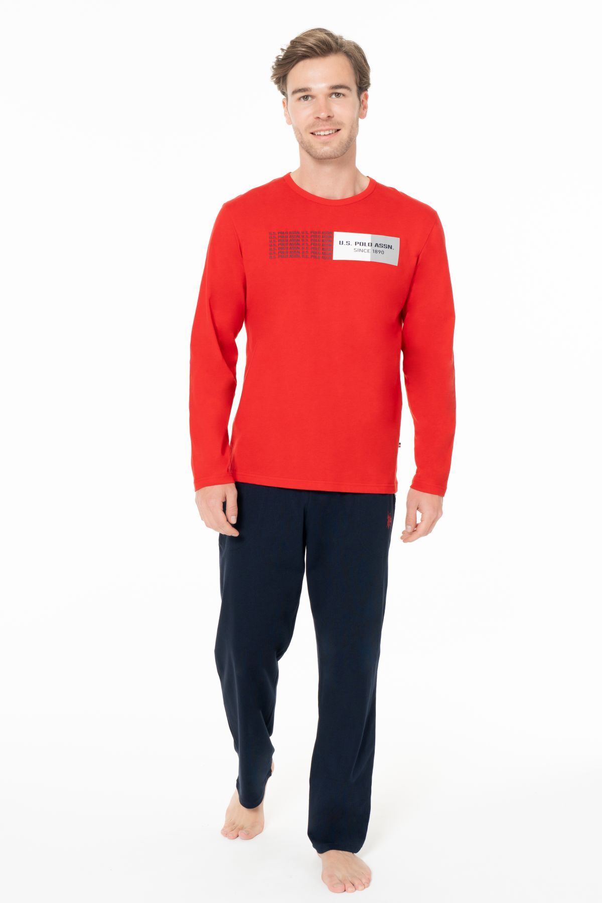 یو اس پولو ست لباس خواب مردانه یقه گرد آستین بلند U.S. Polo Assn. 18945 - قرمز - قرمز - بزرگ