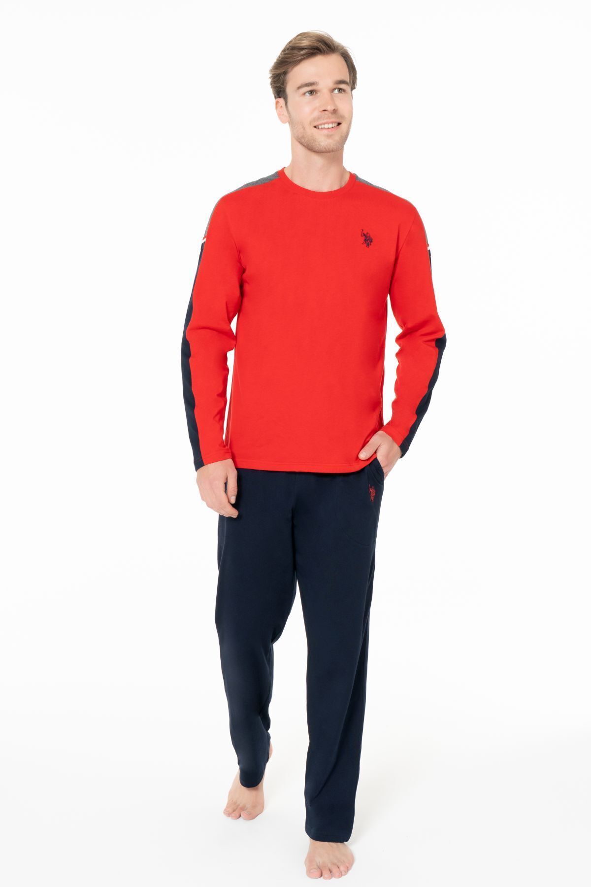 یو اس پولو ست لباس خواب مردانه یقه گرد آستین بلند U.S. Polo Assn. 18957 - قرمز - قرمز - S