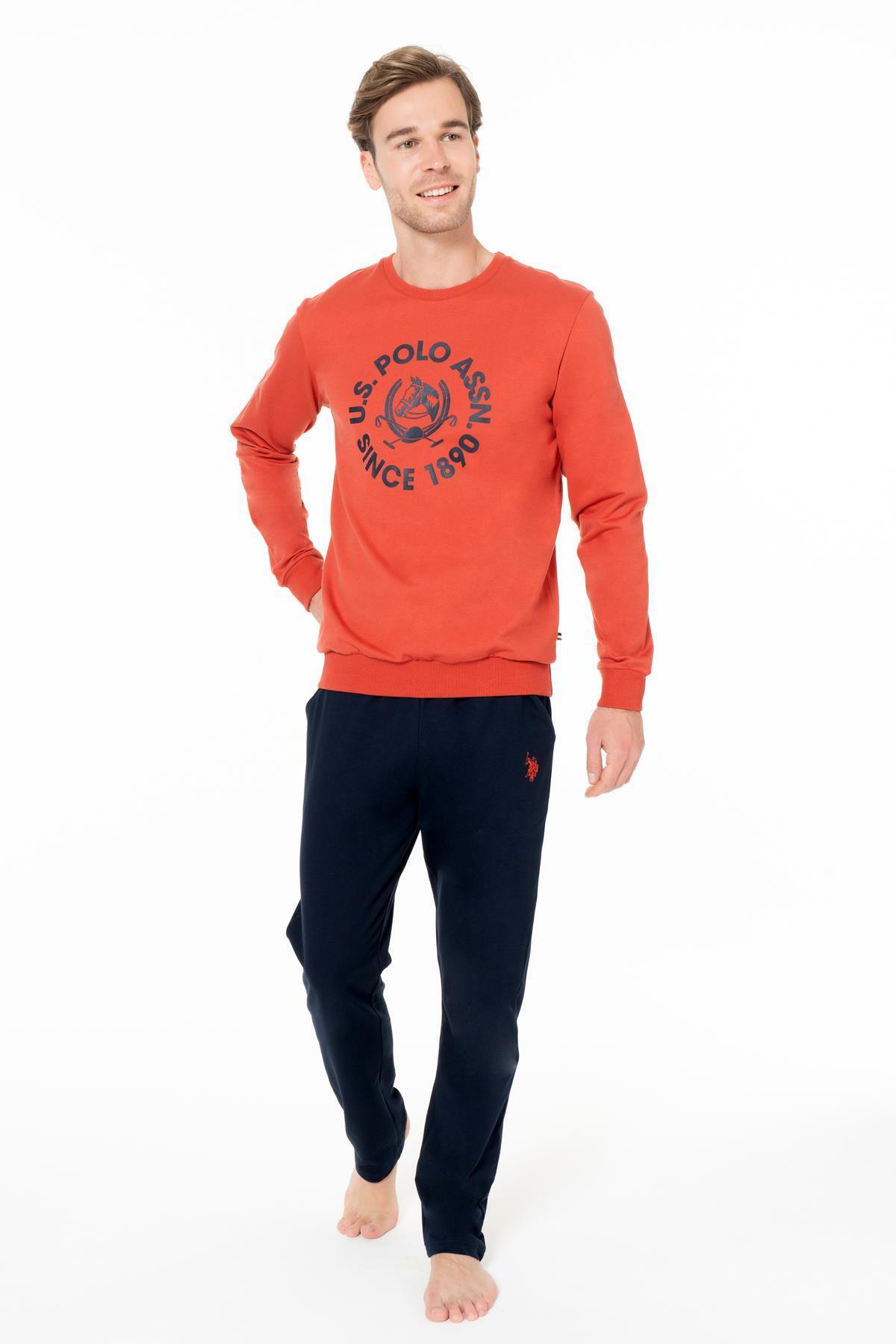 یو اس پولو ست لباس خواب مردانه دو نخی زمستانی آستین بلند راسته طرح‌دار - تراکوتا - سایز بزرگ
