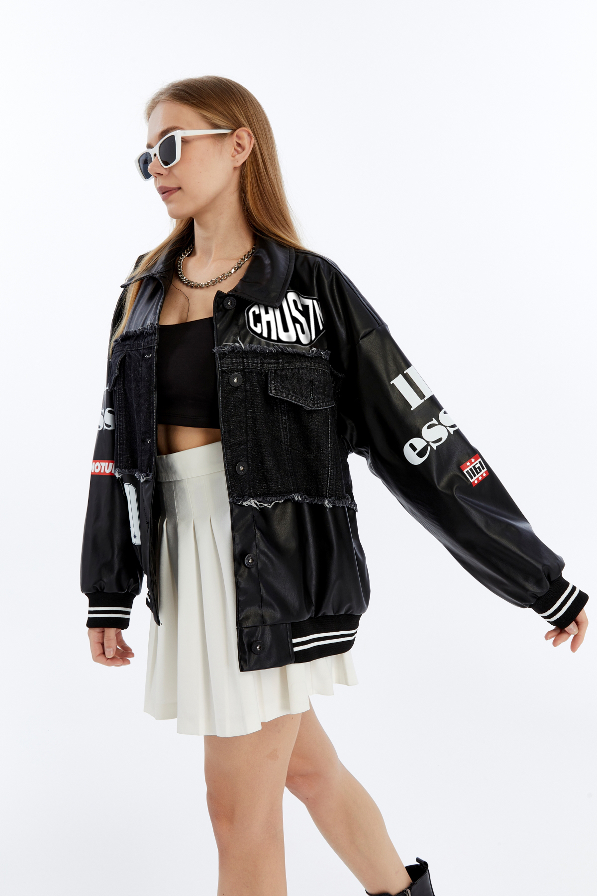 CHOS7N  Kadın Oversize Deri Ve Kot Birleşimi Baskılı Kolej Mont Ribanalı Bomber Ceket Motorcu Yarışçı Mont - Görsel 5