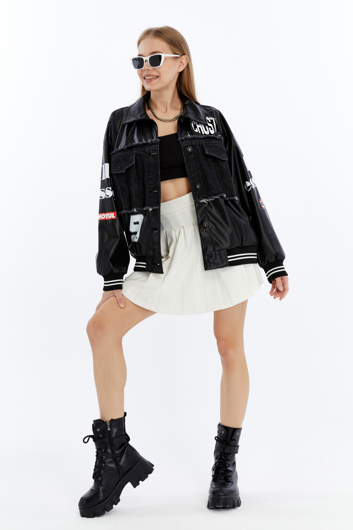 CHOS7N  Kadın Oversize Deri Ve Kot Birleşimi Baskılı Kolej Mont Ribanalı Bomber Ceket Motorcu Yarışçı Mont - Görsel 2