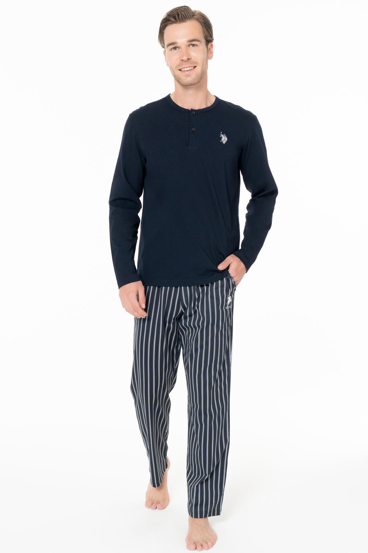 یو اس پولو ست لباس خواب مردانه سرمه‌ای، ۱۰۰٪ پنبه، پایین راه راه، تاپ تک رنگ دکمه‌دار - سرمه‌ای