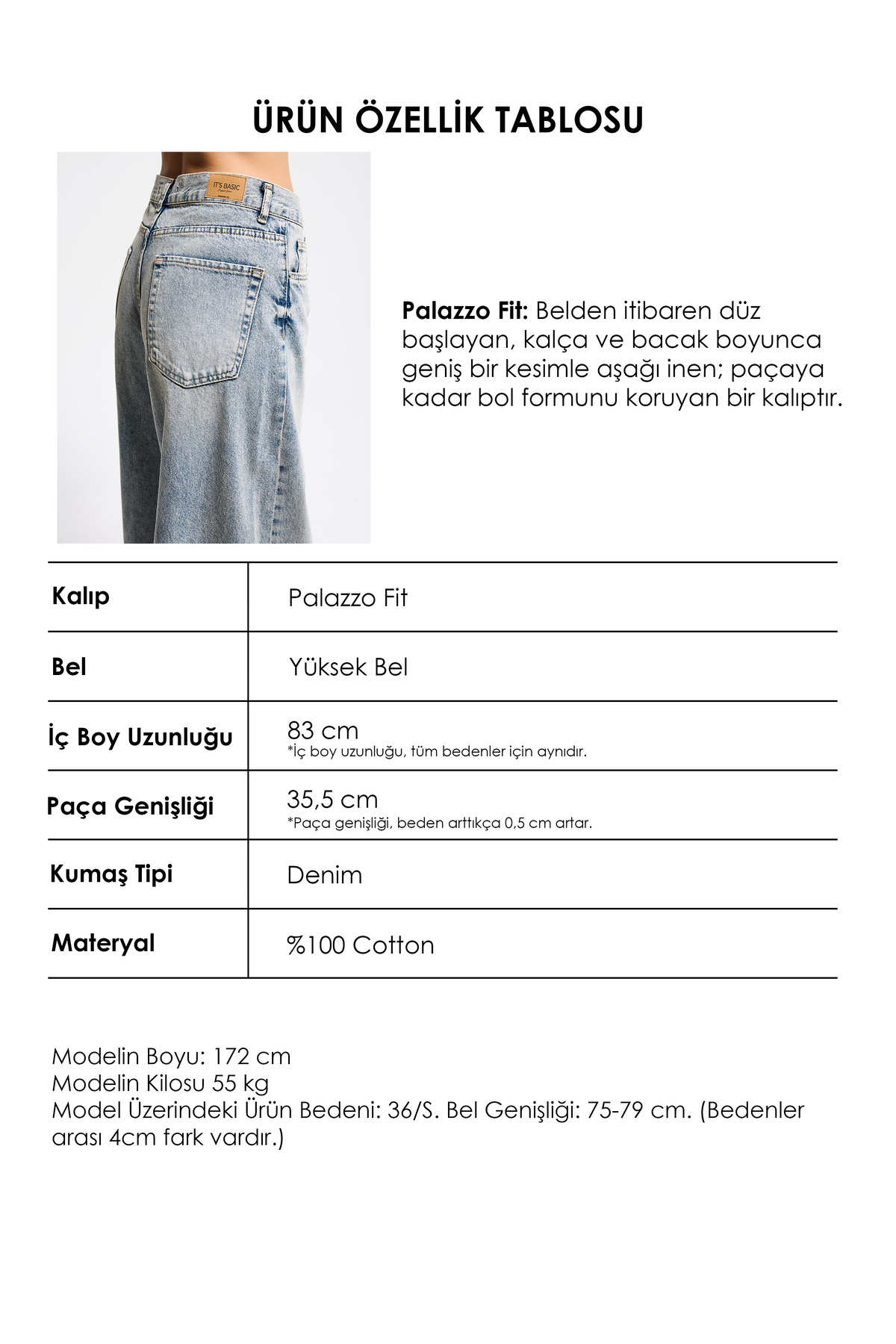 it's basic  Kadın T.Kot Rengi Hera 4s6-67 Palazzo Fit %100 Koton Orta Bel Denim Jean - Görsel 6