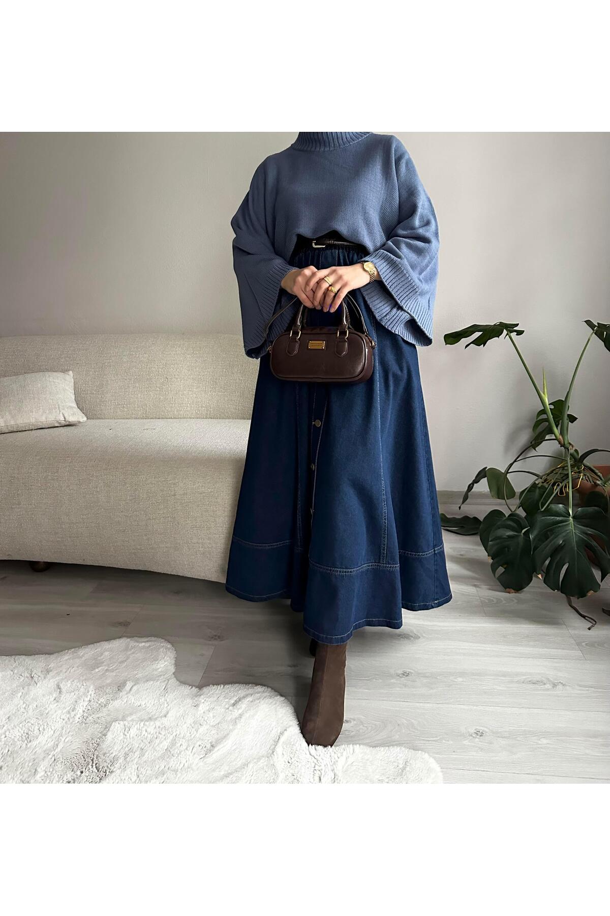 Muennesofi  Koyu Lacivert Düğmeli Kot Kloş Etek - Görsel 6
