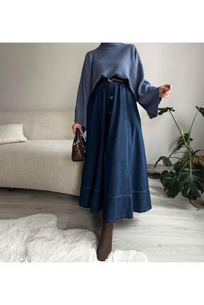 Muennesofi Koyu Lacivert Düğmeli Kot Kloş Etek