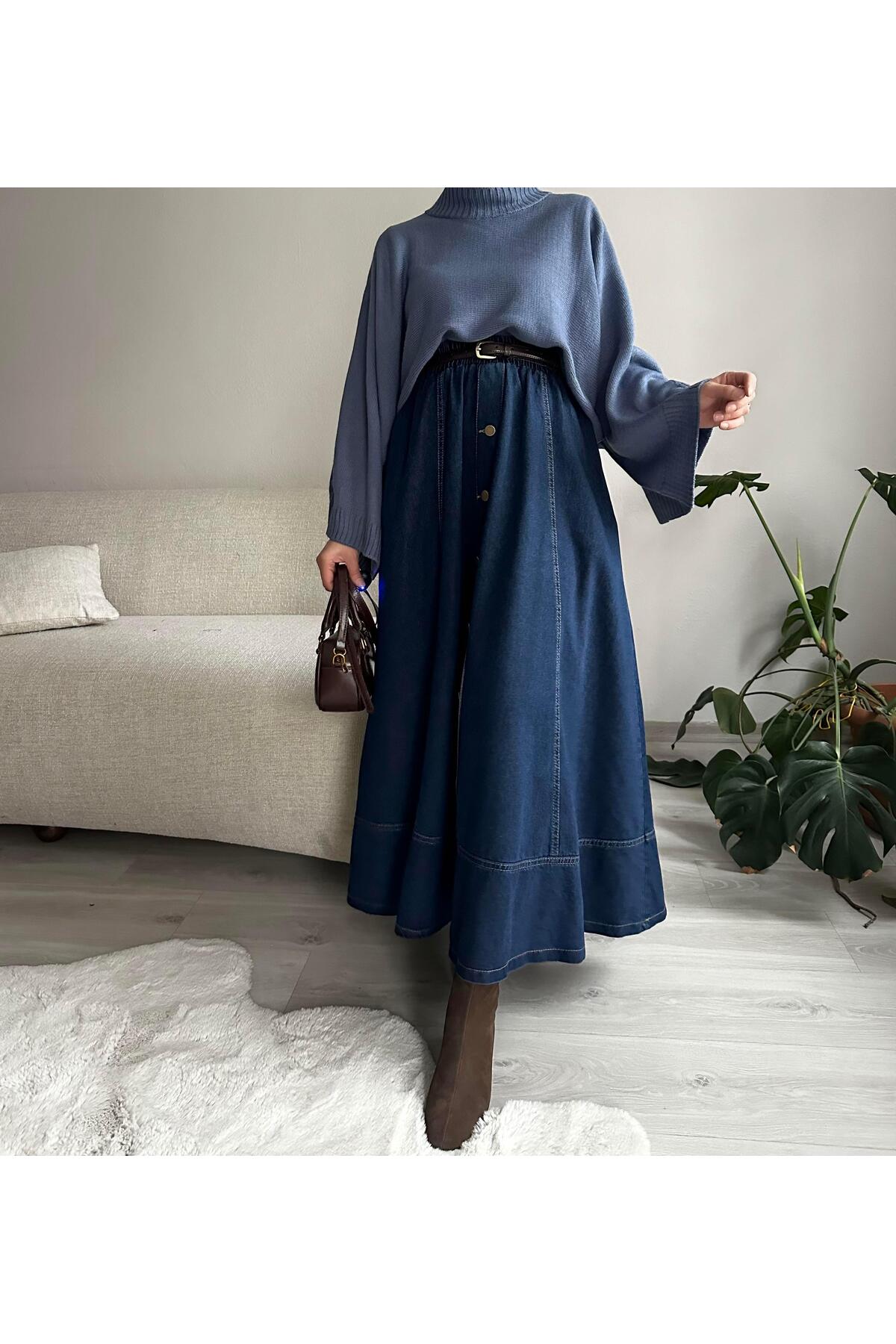 Muennesofi  Koyu Lacivert Düğmeli Kot Kloş Etek