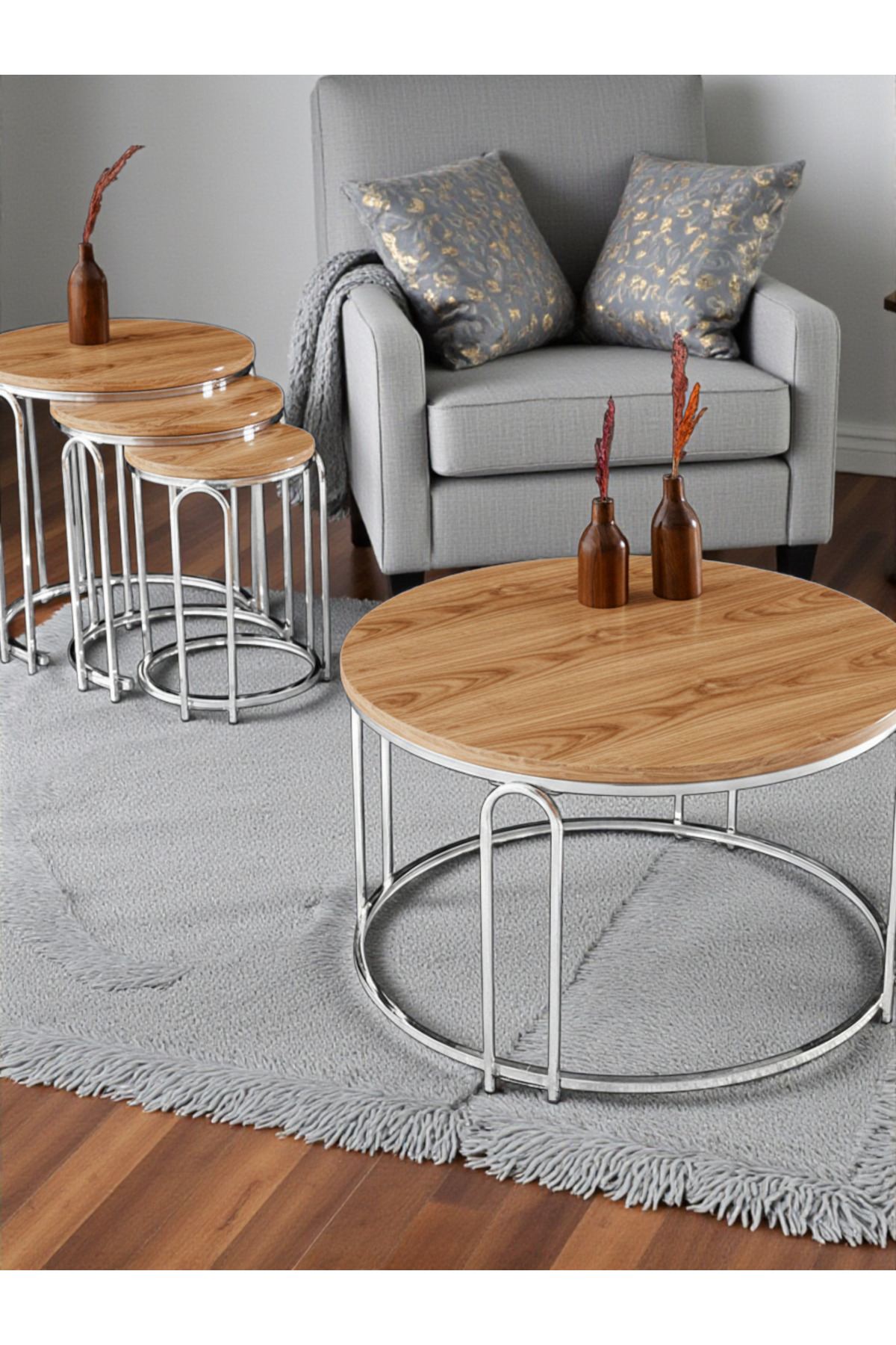 Lenka Zigon Orta Sehpa Takımı Yuvarlak Gümüş Metal 3+1 - Açık Ceviz Ahşap lenka-zigonorta-gümüş