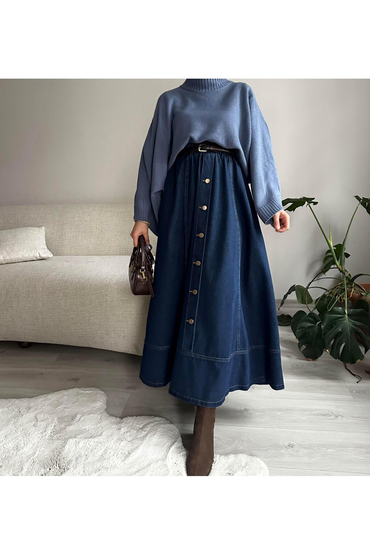 Muennesofi  Koyu Lacivert Düğmeli Kot Kloş Etek - Görsel 3