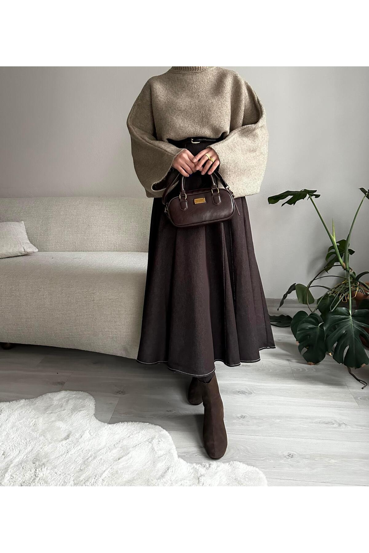 Muennesofi  Acı Kahve Parçalı Kot Etek - Görsel 2