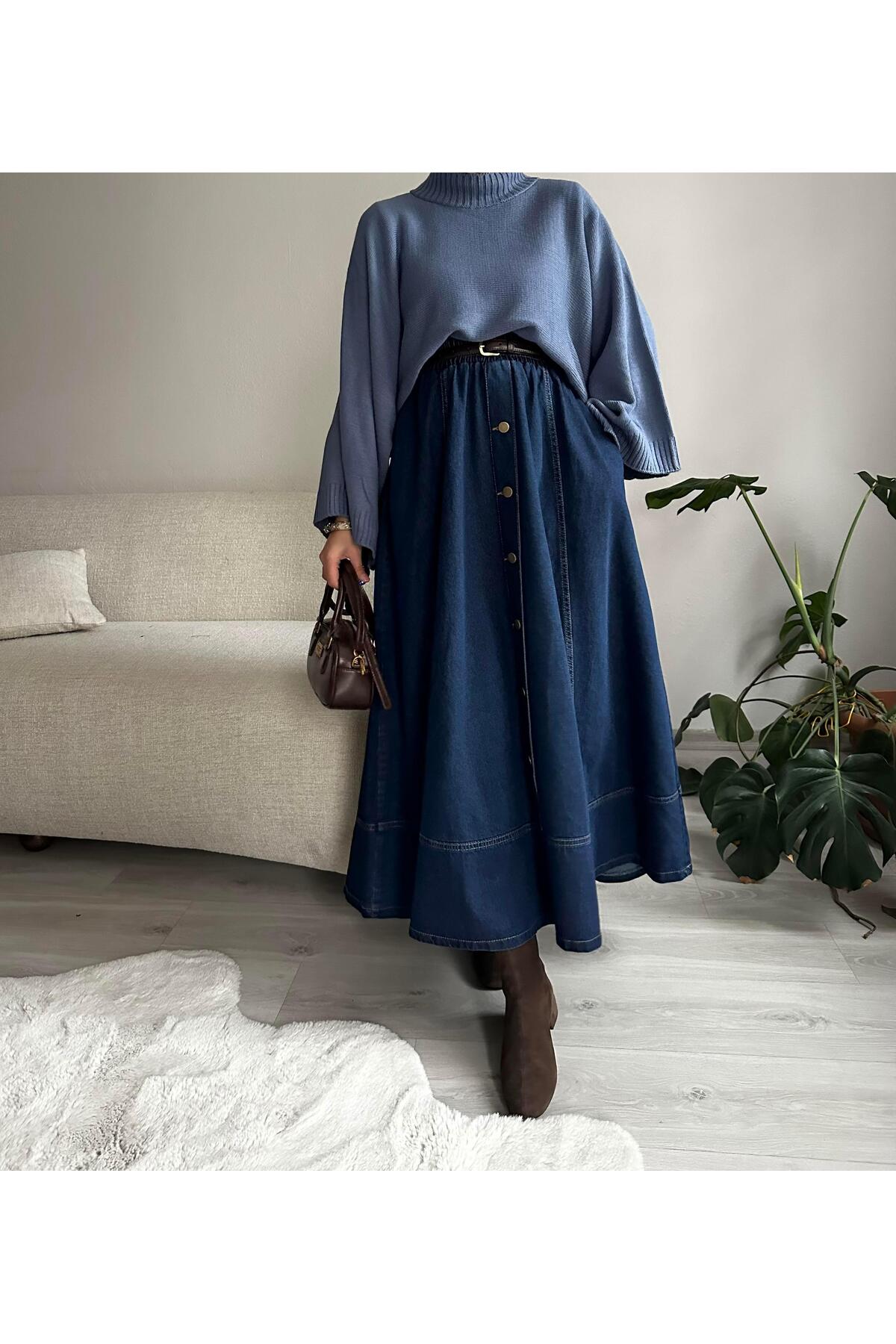Muennesofi  Koyu Lacivert Düğmeli Kot Kloş Etek - Görsel 4