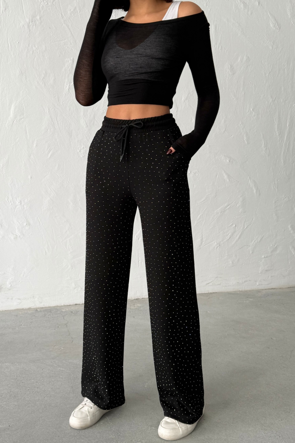 veres  Kadın Viva Siyah Taşlı Modal Kumaş Bol Paça Beli Bağcıklı Yüksek Bel Pantolon - Görsel 6