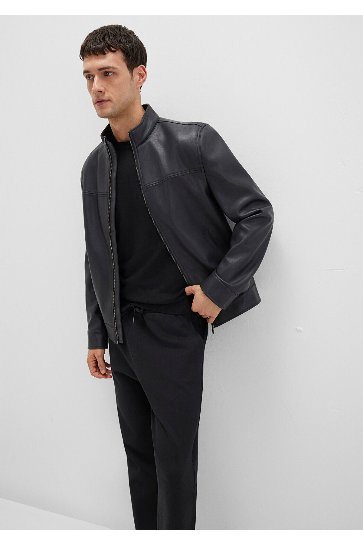 Mavi Dik Yaka Siyah Suni Deri Ceket Slim Fit / Dar Kesim 0110634-71379 görsel 2