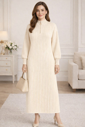 semela (TEN KREM)DÜZ KESİM FİTİLLİ FERMUAR DETAYLI UZUN ELBISE (130 cm )