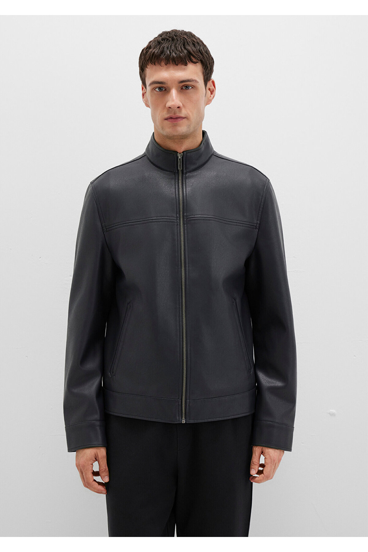 Mavi Dik Yaka Siyah Suni Deri Ceket Slim Fit / Dar Kesim 0110634-71379 görsel 3