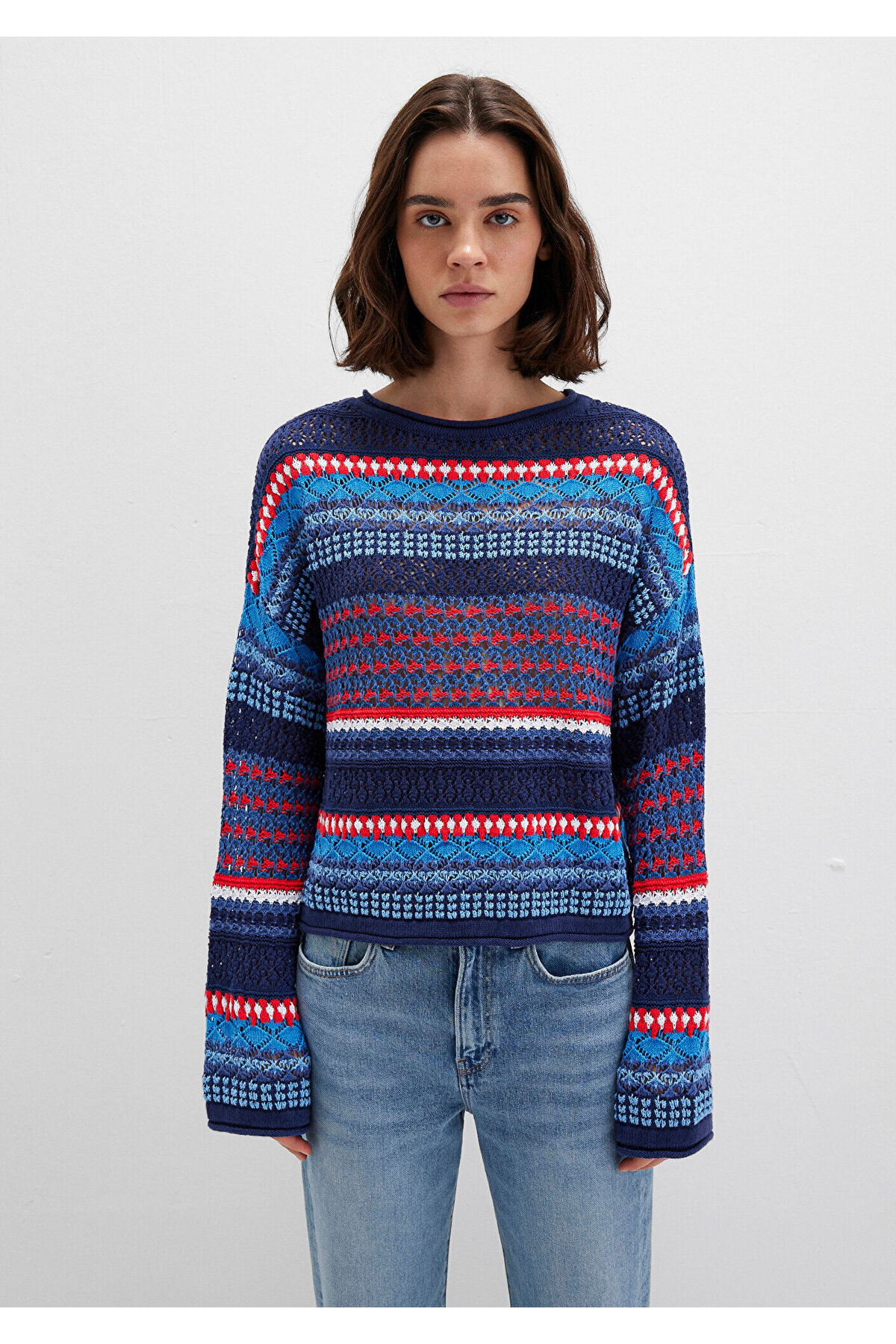 Mavi  Jakarlı Lacivert Kazak Loose Fit / Bol Rahat Kesim 1710329-70491 - Görsel 4