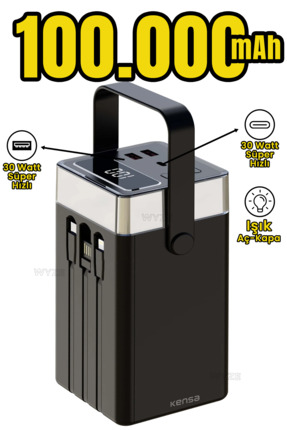 Wyze 100.000 Mah 22.5 WATT PD Hızlı Kendinden Kablolu Taşınabilir Powerbank D...