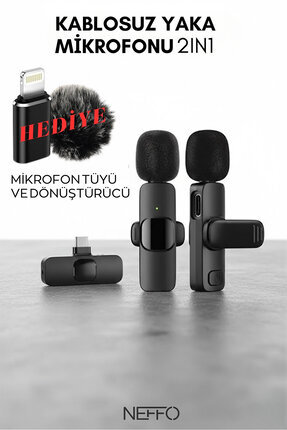 NEFFO K9 2 Lİ Kablosuz Yaka Mikrofonu 2in1 Mikrofon Type-C/Lightnin Şarjlı Yo...