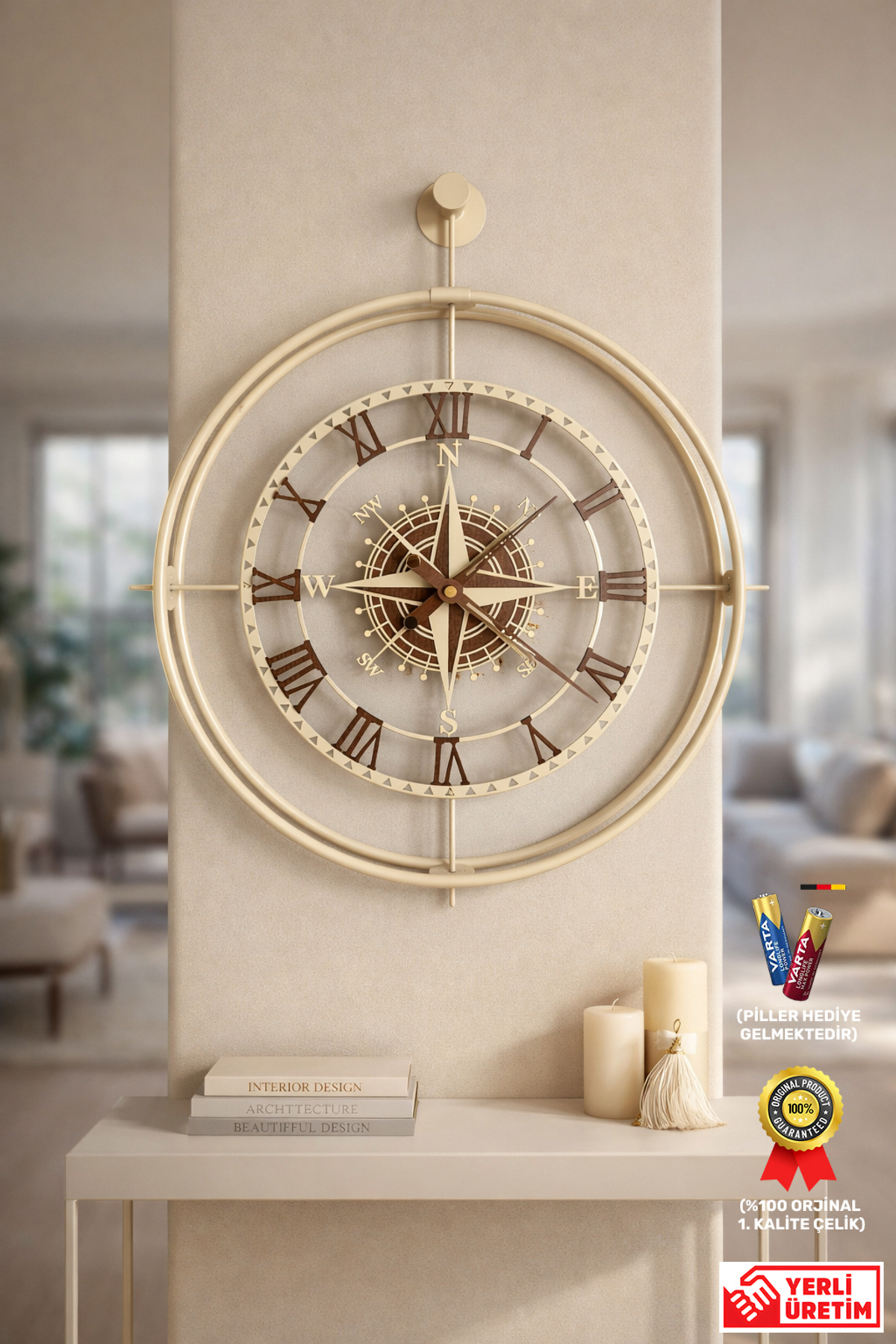 Vivens Compass – Special Design Stainless Ultra Quiet Wall Clock with Cream/Walnut Double Strap | 62x55 cm