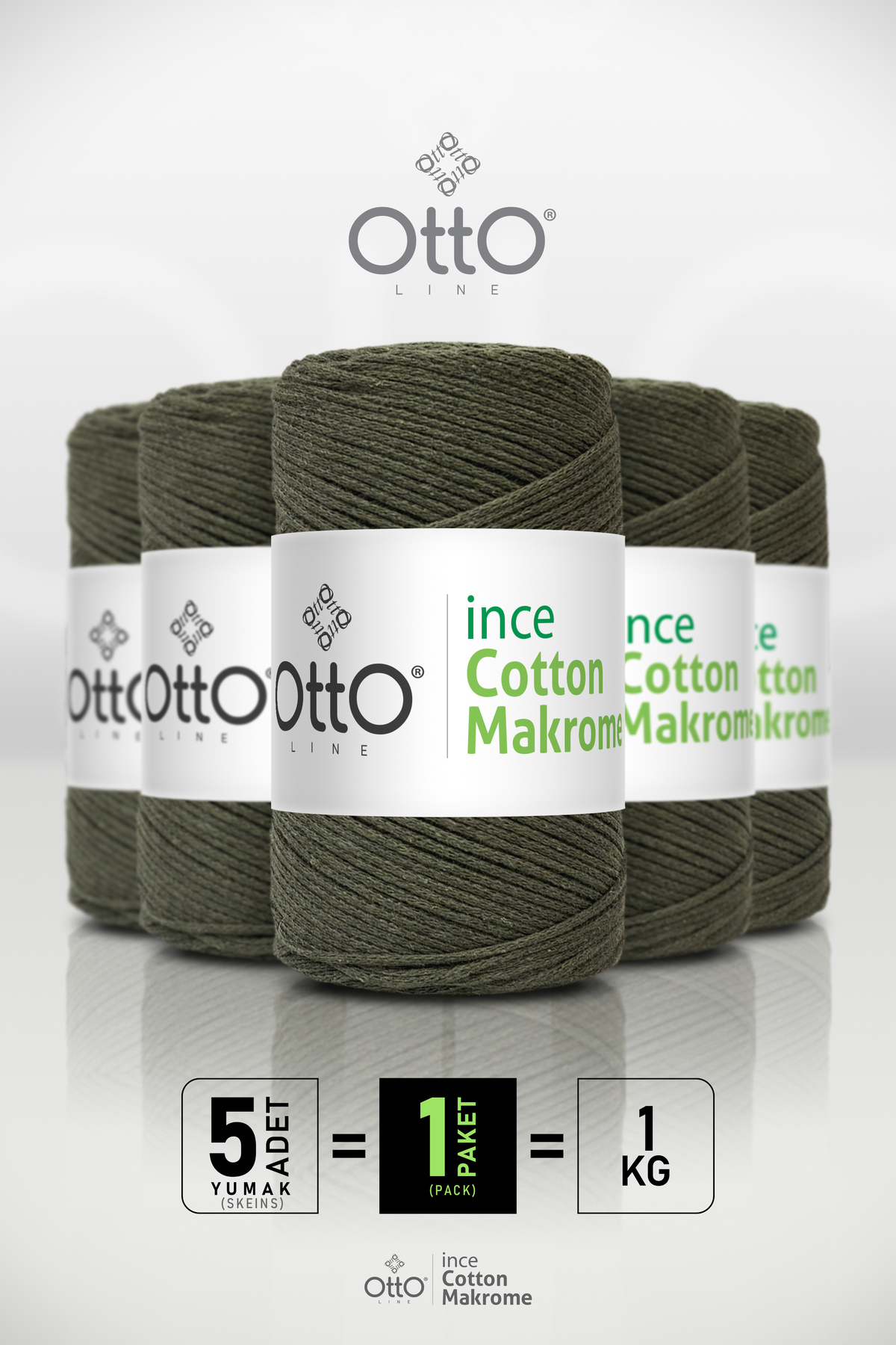 Thin Cotton Macrame - Soldier Green (Khaki) - 5-Pack - 2mm/200gr/170m - Cotton Macrame, Accessory rope