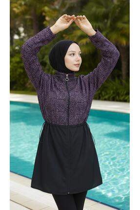 new ats Lamis Kadın Tam Kapalı Desenli Tesettür Mayo 4lü Takım Bone ve Çantalı