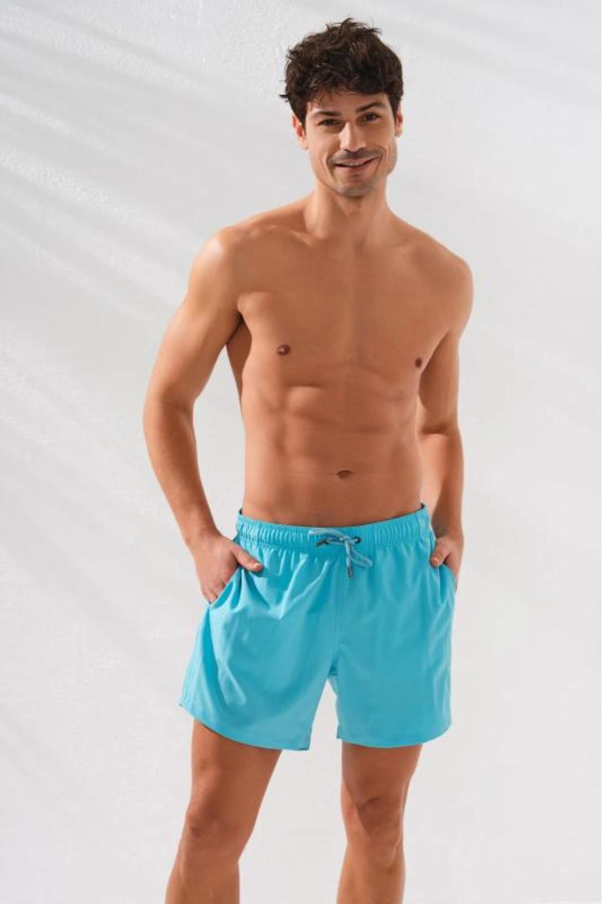 پیر کاردین شلوارک مردانه ساده بافت - فیروزه‌ای