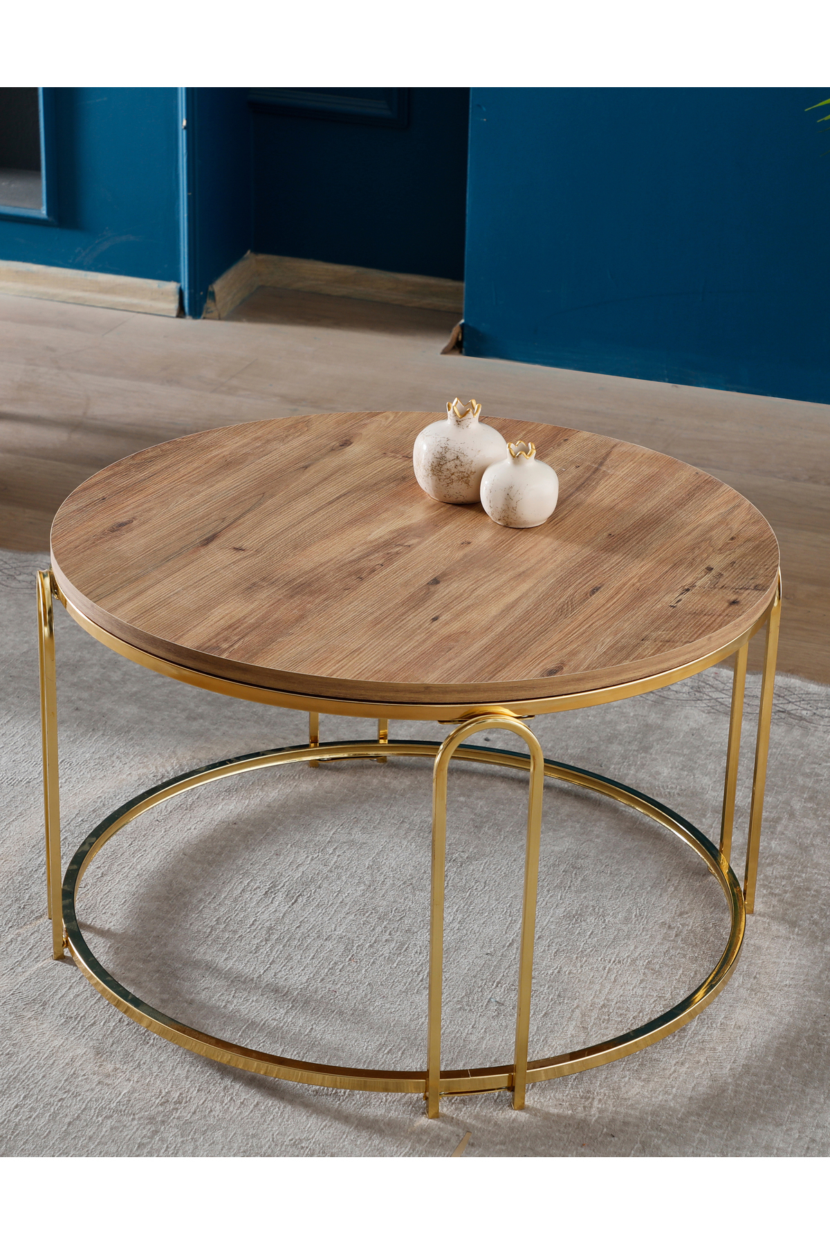 Lenka Orta Sehpa Yuvarlak Ahşap Gümüş Metal Açık Ceviz Ahşap - sedaş-lenka-orta-gold