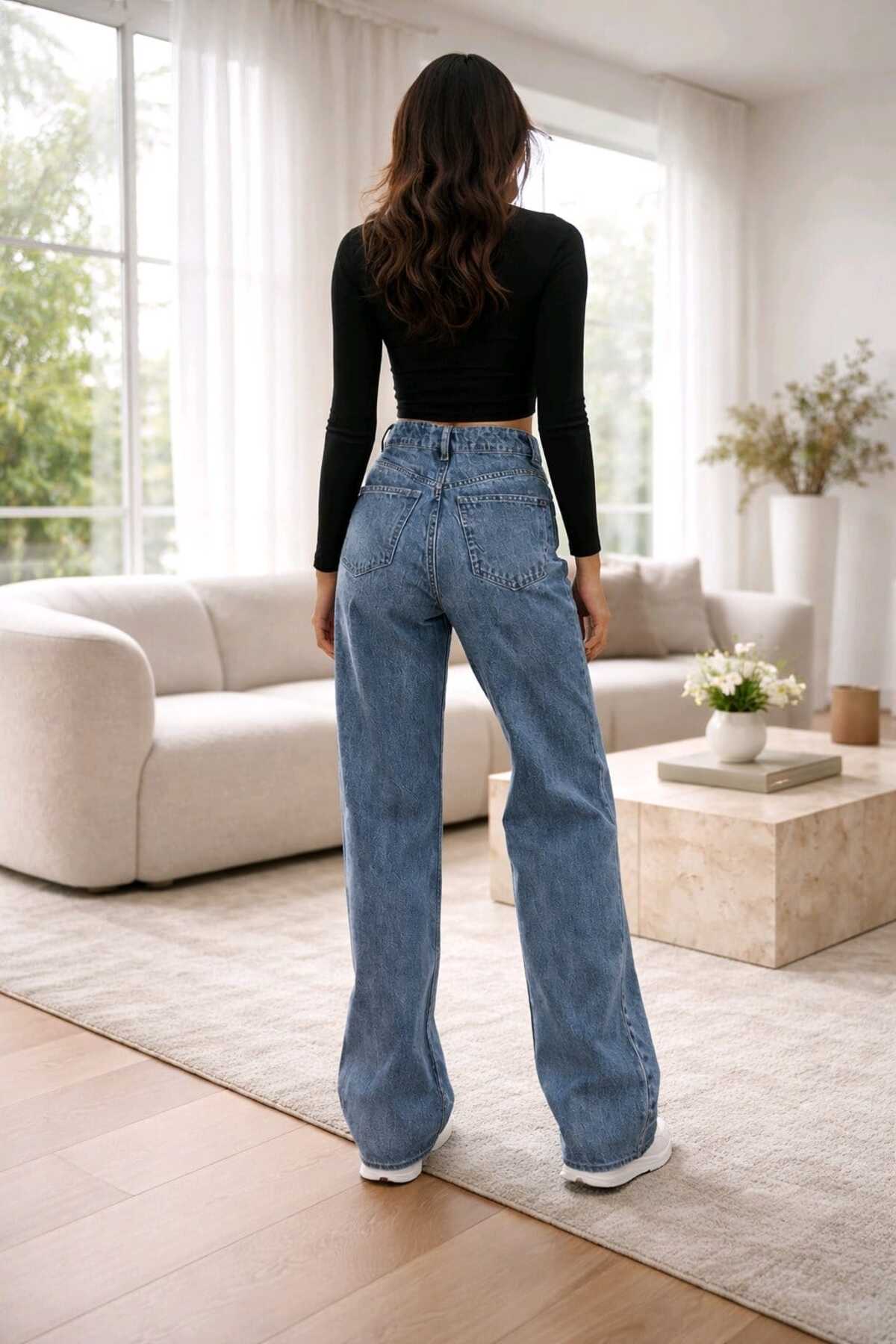 Trn JNS  Meex Orta Kar Süper Yüksek Bel 90's Power Likralı Solmaz Jeans Palazzo Pantolon - Görsel 6