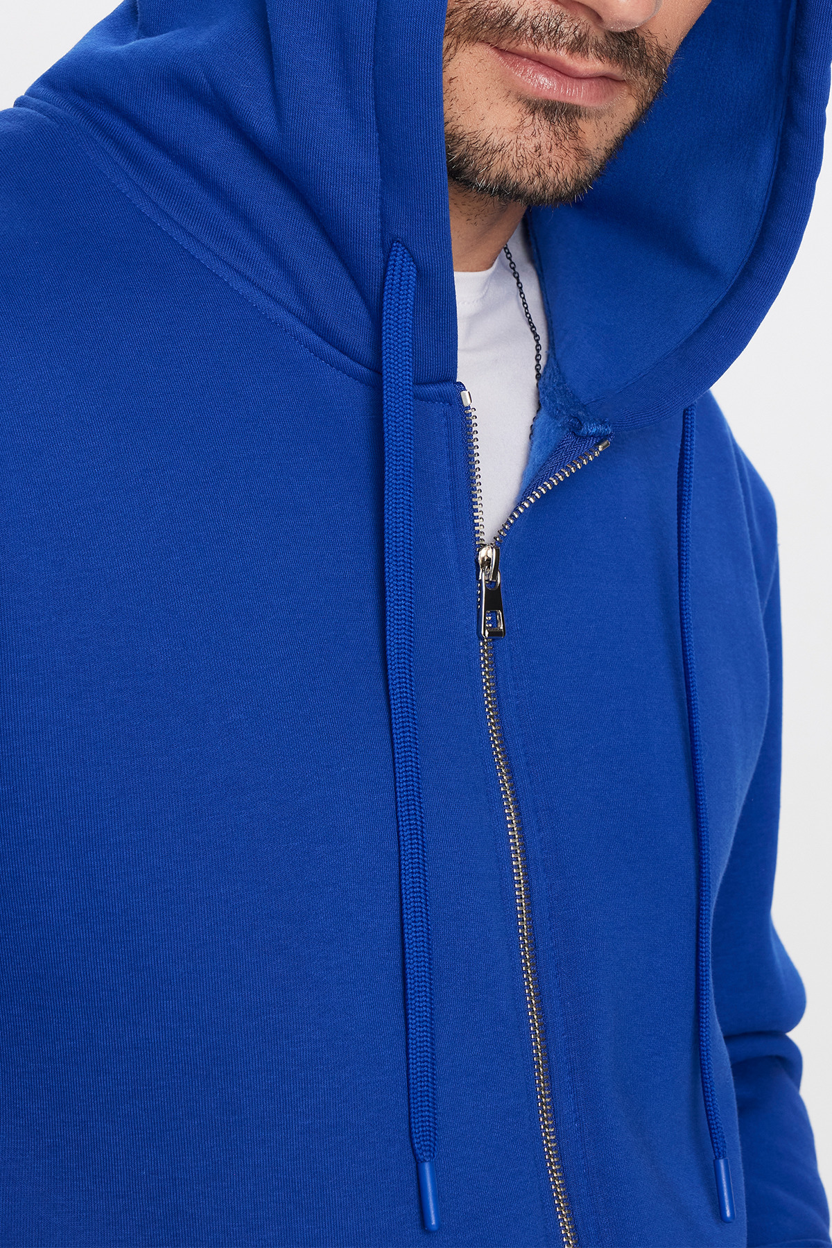 Unisex Relax Fit Rahat Kesim Pamuklu İçi Polarlı Çift Cepli Fermuarlı Sax Mavi Kapüşonlu Sweatshirt — سرمه‌ای SW240013 — تصویر 4 از 6