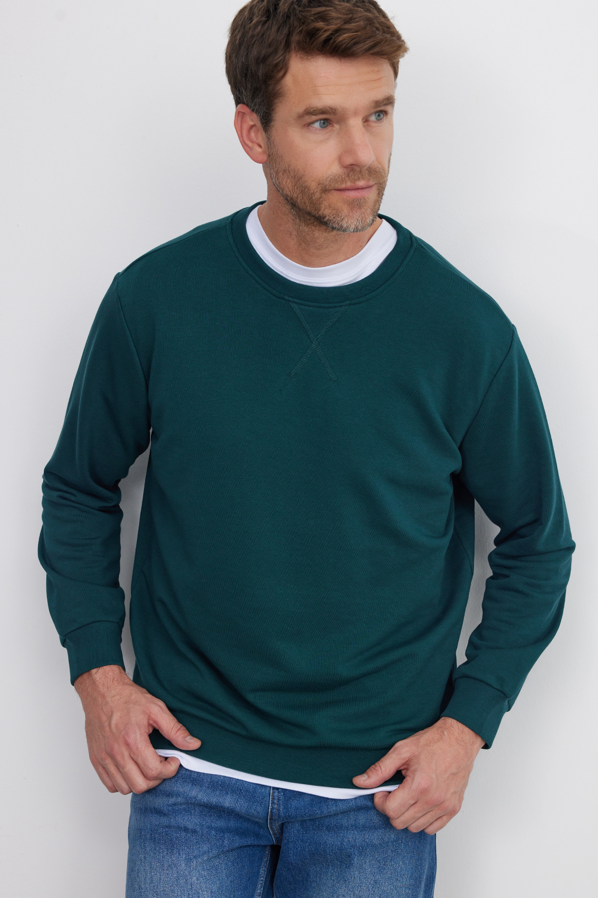 Unisex Relax Fit Rahat Kesim %100 Pamuk 3 İplik Basic Yeşil Bisiklet Yaka Sweatshirt — سبز SW230001-01 — تصویر 5 از 7
