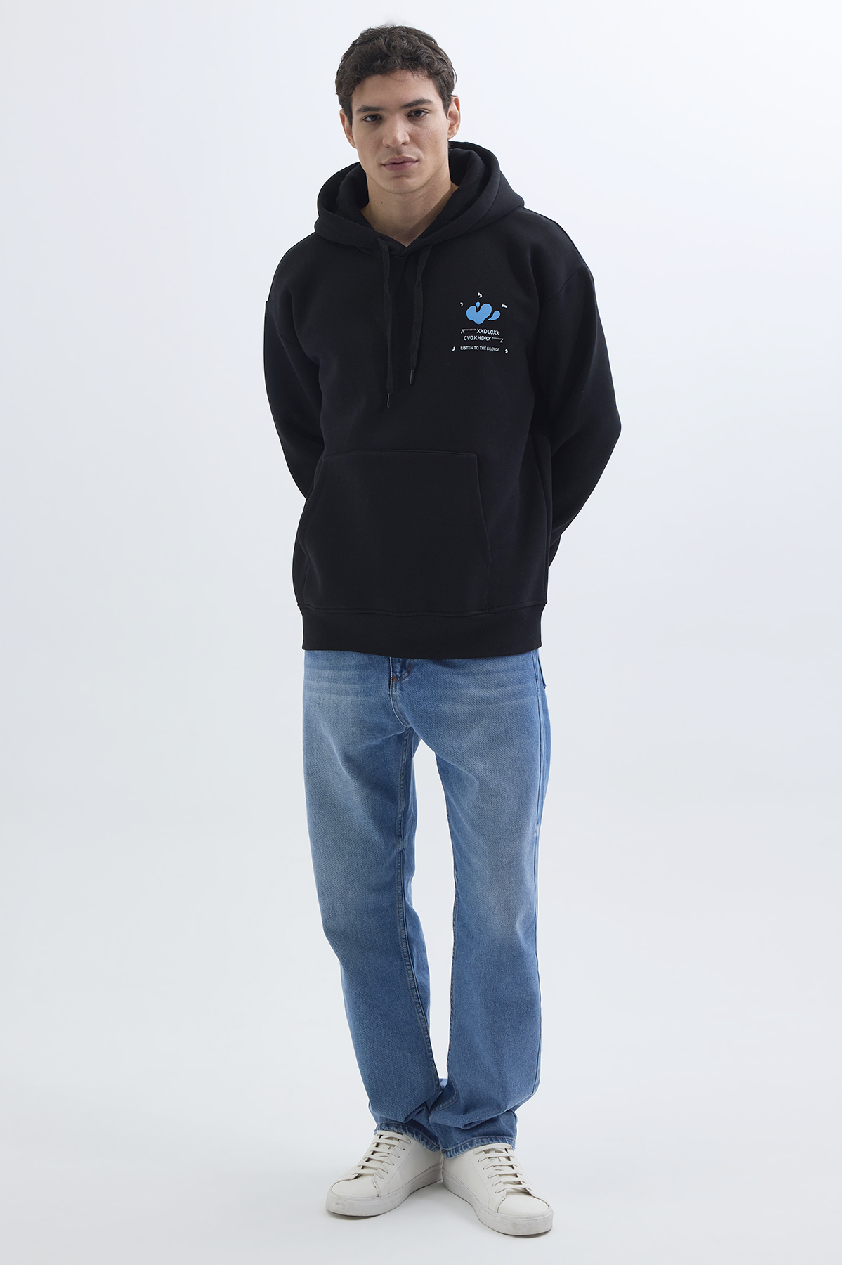 Tudors  Unisex Oversize Geniş Kesim Pamuklu Yumuşak Dokulu İçi Polarlı Baskılı Siyah Kapüşonlu Sweatshirt - Görsel 5