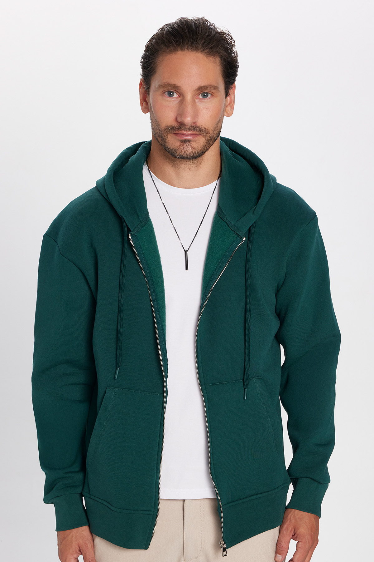 Tudors Unisex Relax Fit Rahat Kesim Pamuklu İçi Polarlı Çift Cepli Fermuarlı Yeşil Kapüşonlu Sweatshirt görsel 4