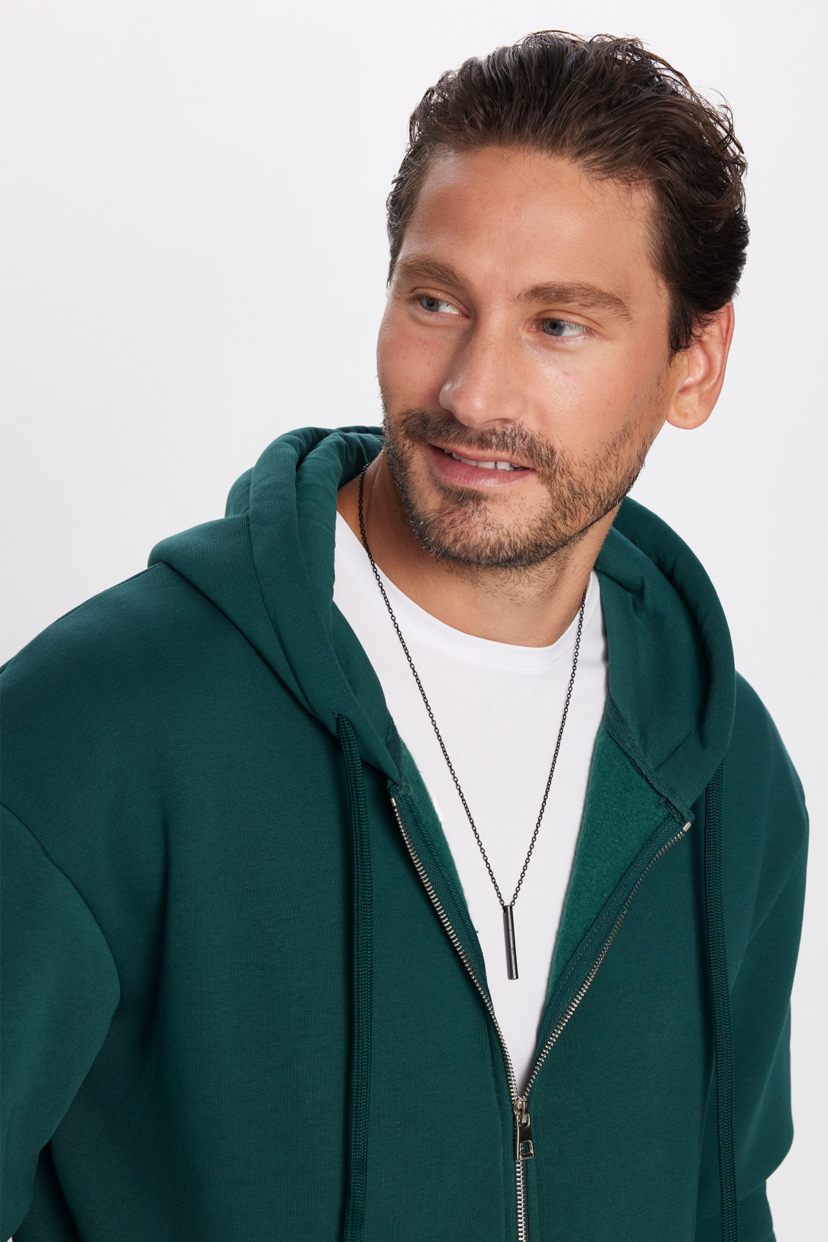 Tudors Unisex Relax Fit Rahat Kesim Pamuklu İçi Polarlı Çift Cepli Fermuarlı Yeşil Kapüşonlu Sweatshirt görsel 2
