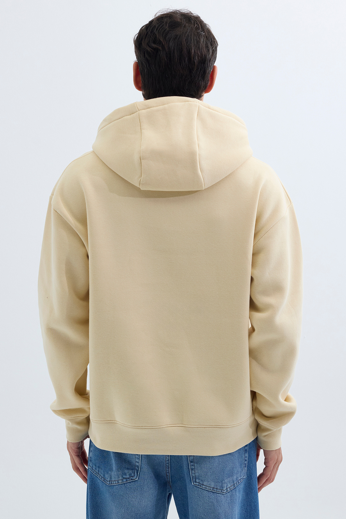 Tudors  Unisex Oversize Geniş Kesim Pamuklu Yumuşak Dokulu İçi Polarlı Basic Bej Kapüşonlu Sweatshirt - Görsel 8