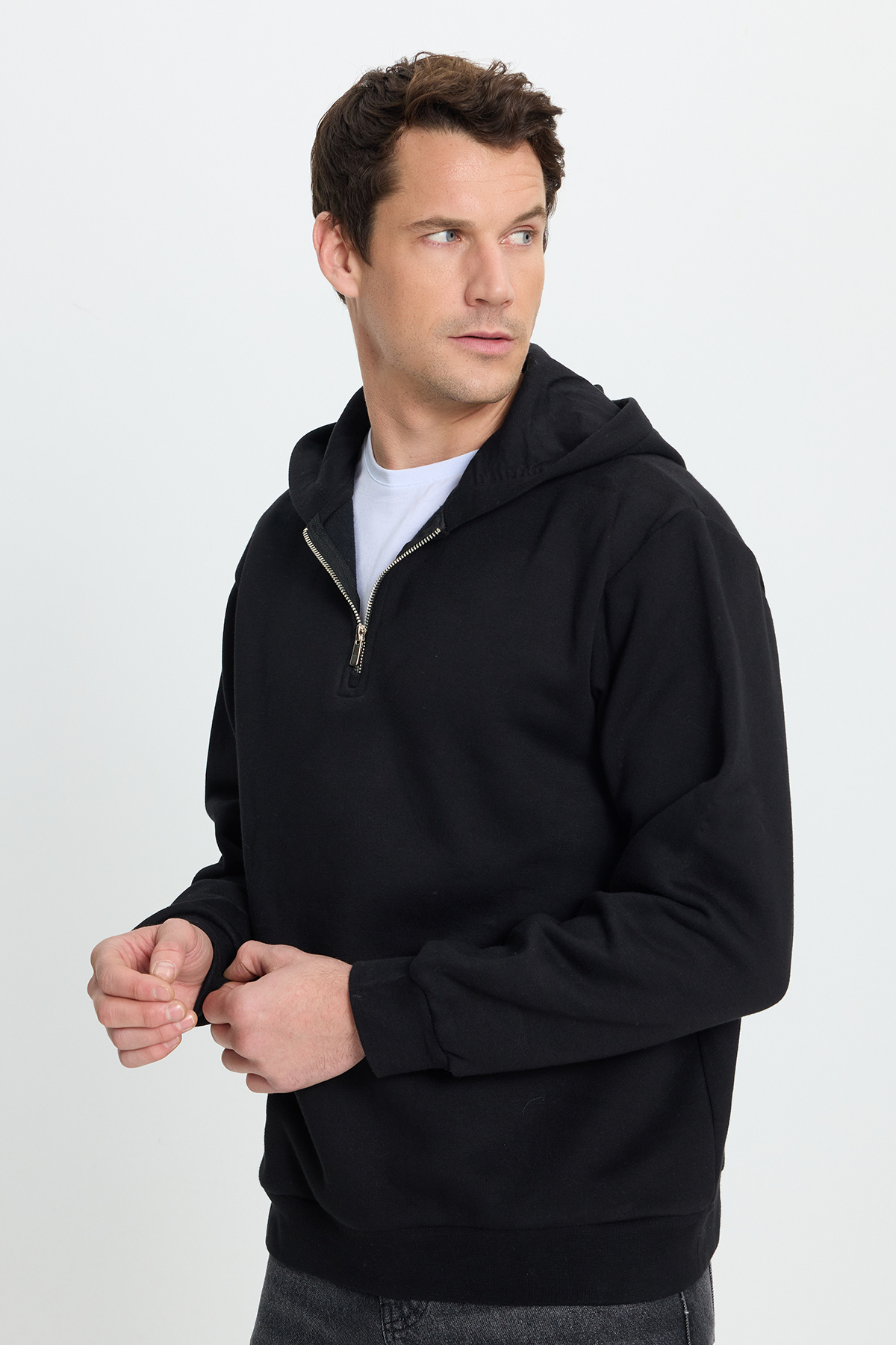 Tudors  Unisex Relax Fit Rahat Kesim Pamuklu İçi Polarlı Yarım Fermuarlı Siyah Kapüşonlu Sweatshirt - Görsel 9