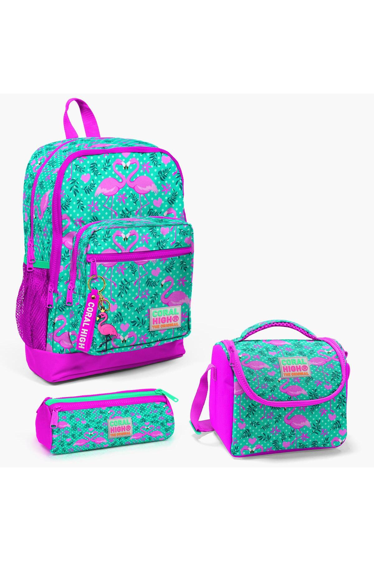 Kids Water Green Pink Flamingo 3-Piece School Bag Set SET0123712