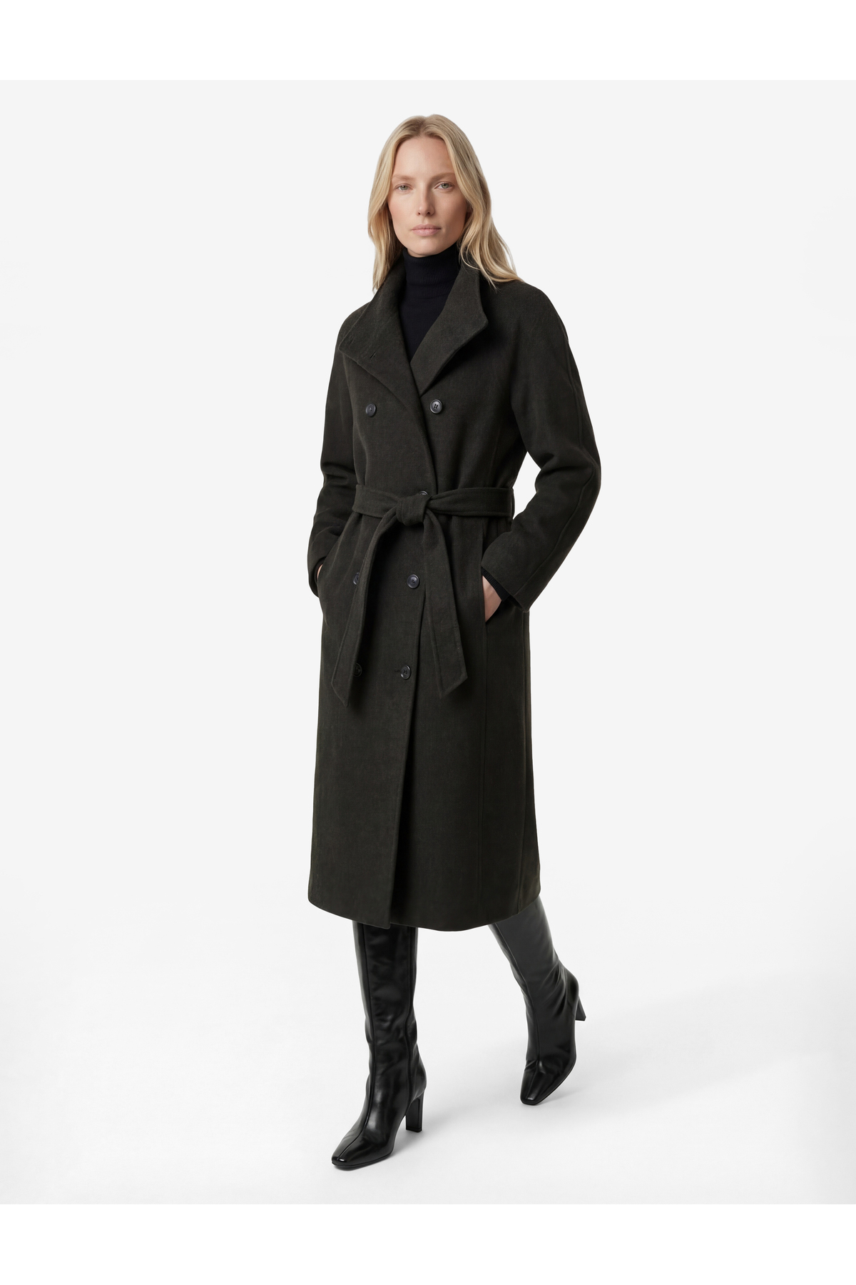 Koton  Uzun Kollu Cepli Kruvaze Dik Yaka Kemerli Uzun Kaşe Kaban - Görsel 2